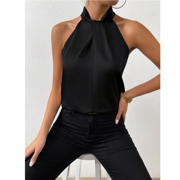 Black Satin Halter Blouse Top Keyhole Neck Sleeveless - Picture 2 of 8